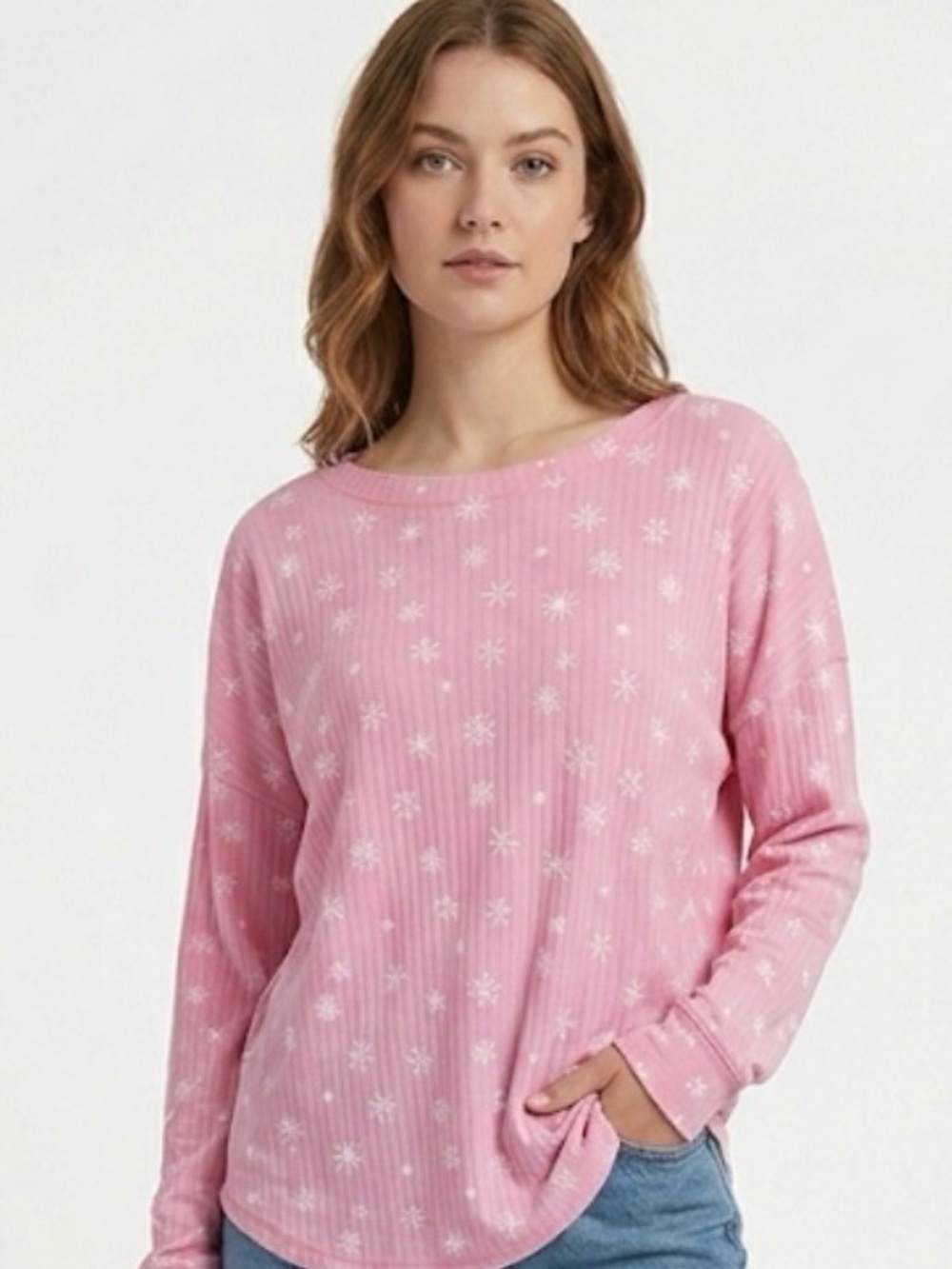 crown & ivy Women’s Pink Snowflake Print Ribbed Long Sleeve Top NWT Medium